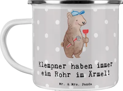 Produktbild von Mr. & Mrs. Panda becher emaille Klempner Helden - Grau Pastell - Geschenk, Geschenke für Berufstätige, Sanitärtechnik, Kaffeepott, Installateur, Berufsgestaltung, Beruf