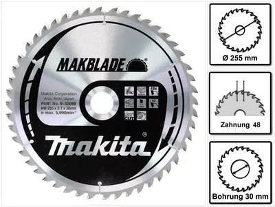Zdjęcie produktu dla Tarcza pilarska Makita TCT, TCT TCT - 255 x 30 mm - 48 zębów - drewno