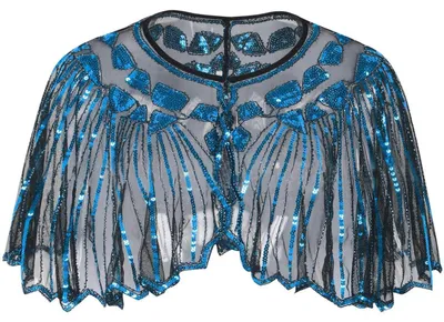 Produktbild von Abend Cape Damen Pailletten Perlen Blau 1920er Retro Schal Cover Up Hochzeit Party Brautkleid