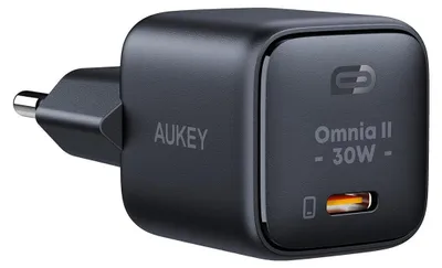 A black AUKEY Omnia II 30W USB-C fast charger is shown against a white background.