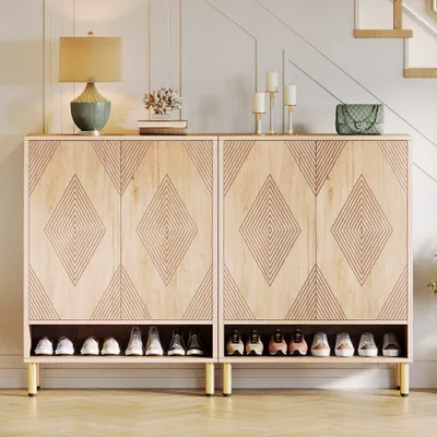 Produktbild von Tribesigns Schuhschrank mit 2 Türen, 73x 35x115cm, Schuhschrank mit goldenem Metallrahmen, Schuhkipper schmal, 6-stöckig Schuhregal für 25 Paar Schuhe