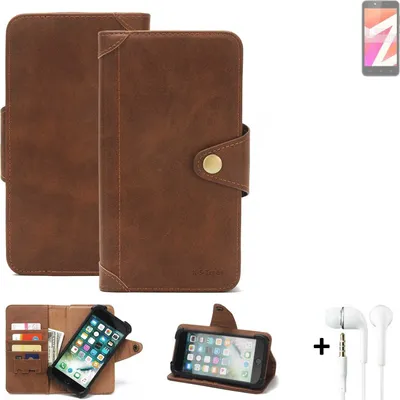 Produktbild von K-S-Trade Handyhülle + Kopfhörer kompatibel mit Lava Z1s Schutz Hülle Walletcase Bookstyle Tasche Case Handytasche Wallet Flipcase Cover PolyurethanBraun