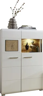 Produktbild von Highboard Vitrine weiß FARO-36 mit Absetzungen in Eiche Hirnholz Nb. und LED Beleuchtung, B/H/T: ca. 80/139/37 cm