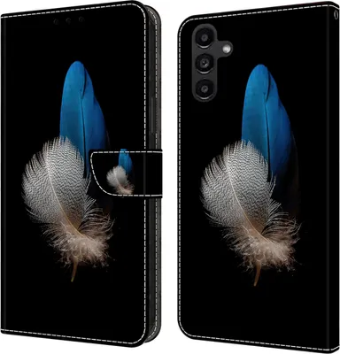 Produktbild von CLM-Tech Hülle kompatibel mit Samsung Galaxy A14 5G - Tasche aus Kunstleder - Klapphülle mit Ständer und Kartenfächern, schwarz - zwei Federn blau und weiß