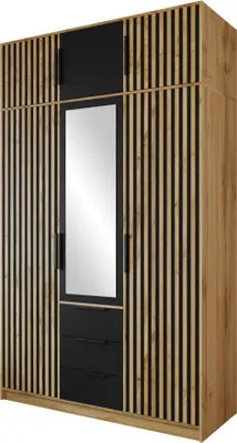 Produktbild von MIRJAN24 Kleiderschrank Tytus Lux D3 mit Schrankaufsatz, Garderobe mit 6 Drehtüren und 3 Schubladen, Aluminumgriffe, Kleiderstange, Frontspiegel (Farbe: Eiche Wotan / Schwarz + Eiche Wotan)