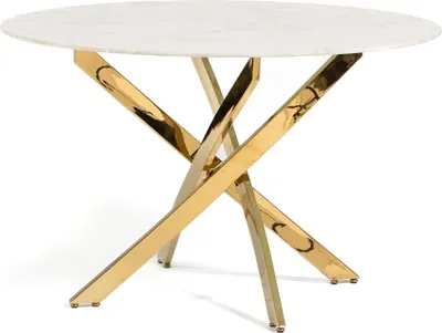 A round table with a white marble top and a gold criss-cross base, shown against a white background.