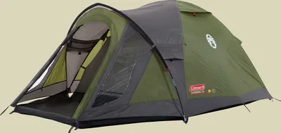A green and gray Coleman Darwin 3 Plus 3-person tent.