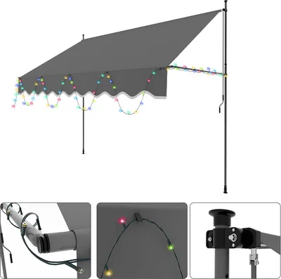 Obrázek produktu pro Jayseuw markýza se svorkou a LED diodami 300x120cm markýza Výškově nastavitelná balkonová markýza s ruční klikou Ochrana proti slunci bez vrtání pro terasy a balkony Šedá barva