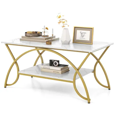 Produktbild von COSTWAY Couchtisch mit Ablagefläche, 2-stöckiger rechteckiger Sofatisch, Beistelltisch mit Kunstmarmor & Metallrahmen, für Wohnzimmer, Lounge, 100x50x45cm