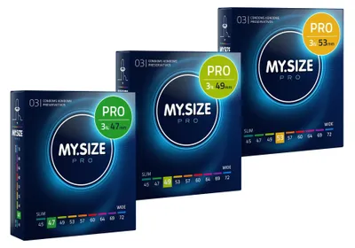 Immagine prodotto di MY.SIZE Preservativi Pro da 1,2,3-47,49,53 mm, vestibilità aderente e vestibilità regolare, 3 x 3 preservativi – Vestibilità perfetta e dimensioni adatte a tutti