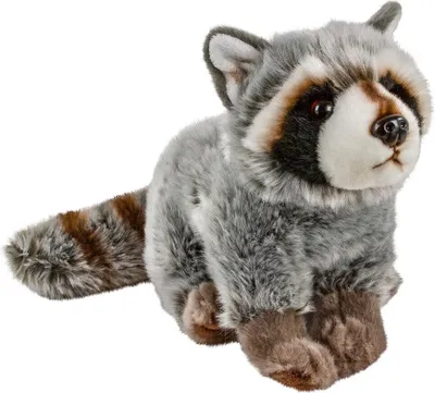 A plush toy raccoon is shown sitting on a white background.