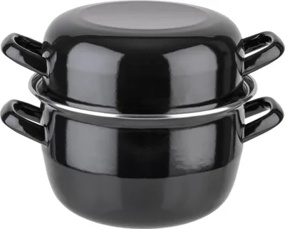 Produktbild von APS 626 Servier-Muscheltopf, schwarz emailliertes Stahlblech, Ø 20 cm, Inhalt Topf 3,3 Liter, Inhalt Deckel 1,6 Liter