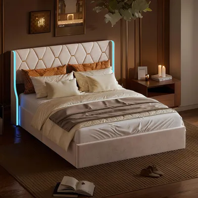 Produktbild von CDGlobal Polsterbett mit LED, Bluetooth-Player und USB, hydraulisches Boxspringbett Doppelbett 140x200cm, Holzbett Stauraumbett Jugendbett,Beige
