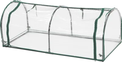 A clear plastic greenhouse tunnel with green trim, shown from the side.