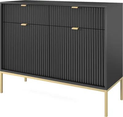 Produktbild von Kommode Zweitürige 100 cm Galla - Sideboard mit Schubladen - Beinen, geriffelten Fronten & goldene Griffe (Schwarz + Gold)