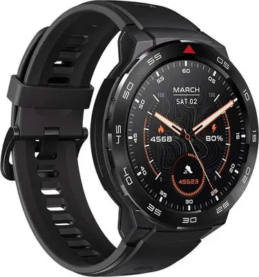 A black smartwatch with a detailed watch face is shown against a white background.
