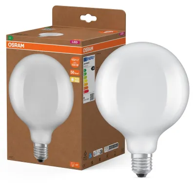 Obrázok produktu pre LED žiarovka značky OSRAM v klasickom guľatom tvare, s dekoratívnym LED vláknom vo vzore s matným povrchom, energetická trieda A, pätica E27, 7,2 W, 2452 lm, 4000 K, studená biela. Bez potreby zohrievania, okamžite 100 % svetla.
