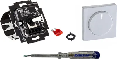 Produktbild von Busch Jäger 6523U-102 LED-Drehdimmer LED-Dimmer mit Dimmerscheibe Zentralplatte 6540-84-102 in Future Linear Studioweiß glänzend inklusive EBROM Phasenprüfer zur Montage des Dimmers (6523 U – 102)