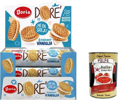 Produktbild von Doria Dore‘ Shortbread-Kekse mit Vanillefüllung – Maxi-Theken-Showbox mit 20 Packungen à 75 g+ Italian Gourmet polpa 400g