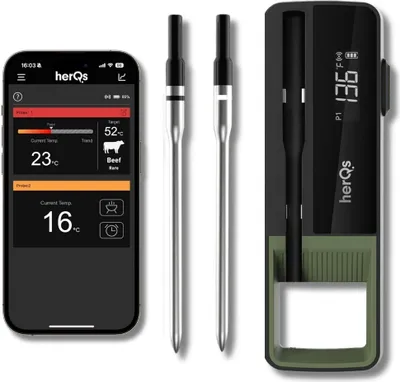 Immagine prodotto di HerQs Double Max termometro per griglia, termometro digitale Bluetooth per carne, con app e allarme temperatura fino a 300°C, 170m Bluetooth Meater - Per griglia, forno, padella, friggitrice ad aria calda - 2 sonde