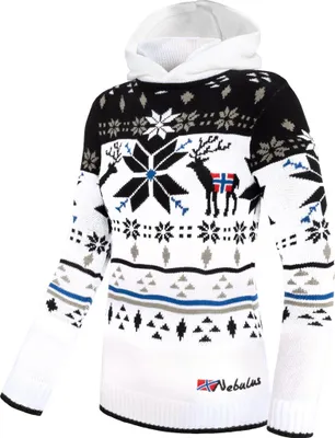A white and black knitted hoodie with a Norwegian-style pattern, featuring deer and snowflakes. The hoodie has a white hood and a small Norwegian flag on the chest of one of the deer graphics. The brand name 'Nebulus' is visible at the bottom right.