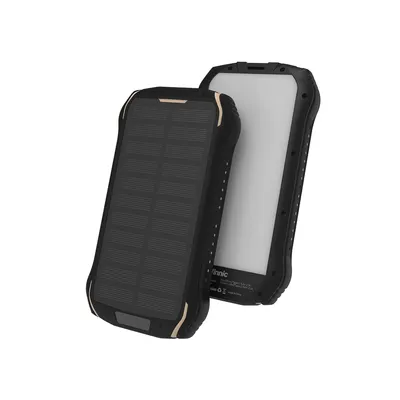 A black and gold solar power bank is shown against a white background.