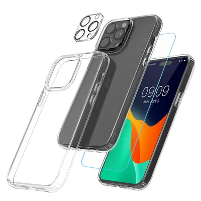 Produktbild von kwmobile 5in1 Set Handyhülle kompatibel mit iPhone 15 Pro Hülle - 1x stoßsichere Schutzhülle 2x Schutzglas Display 2x Kamerschutz Glas - Transparent