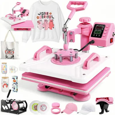 Produktbild von Transferpresse 12x15, Kombi mit 3 DTF, Sublimationspapier, Becher-Presse 20oz, Digital 5-in-1 T-Shirt Transferpresse, Rosa