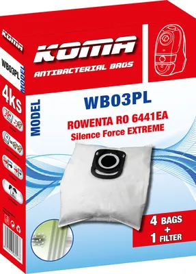 The image shows the packaging of KOMA antibacterial vacuum cleaner bags and a filter.