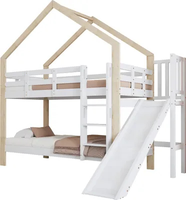 Produktbild von Etagenbett mit Rutsche und dreistufiger Winkelaufstiegsleiter, Hausbett mit mit Absturzsicherung, Kinderbett, Bettrahmen aus Massivholz, 90x200cm