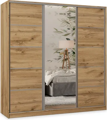 Produktbild von Masseno Schiebetürenschrank PINA 200/205/58 cm Kleiderschrank mit 4 Schubladen Schlafzimmer Schrank 3-türig mit Spiegel Eiche Wotan