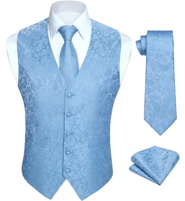 Productafbeelding van Herenset: Vest, stropdas en zakdoek, jacquard, bloemenprint, lichtblauw, maat 6XL