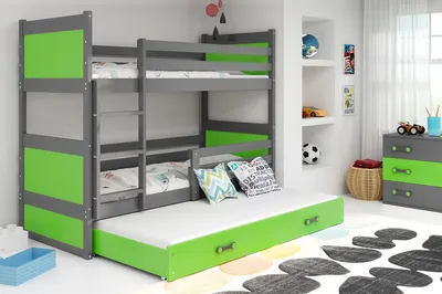Obrázok produktu pre Detská poschodová posteľ s prístelkou a matracom 90x200 FERGUS - grafitová / zelená