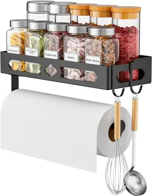 Productafbeelding van PolkaHome® Keukenrolhouder zonder boren met kruidenrek, wandmontage keukenrek met haken, keukenpapierhouder, kruidenorganizer
