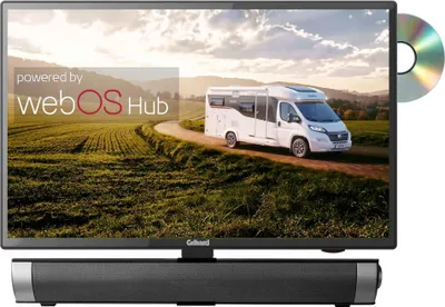 A TV screen displaying a scene with a camper van on a road, with a soundbar below it. A CD is also visible on the right side of the screen.