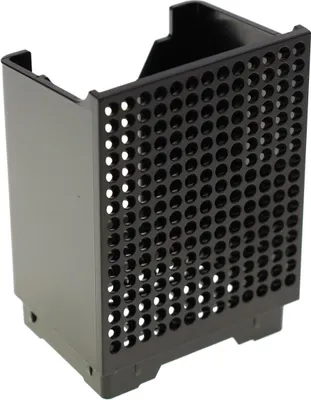 A black plastic capsule container with a perforated front panel.