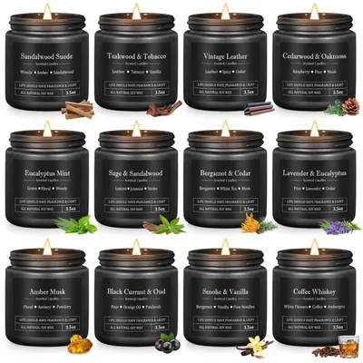Immagine prodotto di Set di candele profumate da uomo, 12 pezzi, cera di soia, 1200g, durata di combustione di 300 ore, profumi naturali, contenitori in vetro nero