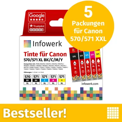 Image de NOUVEAU : Infowerk Cartouches d'encre pour Canon 570/571 XL, multipack (BK/BK/C/M/Y), 5 pièces