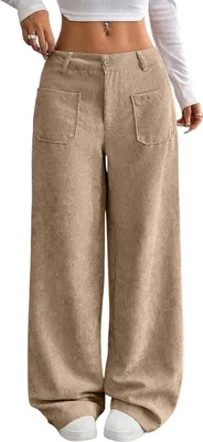 Obrázek produktu pro ASKSA Dámské manšestrové kalhoty s vysokým pasem a širokými nohavicemi, volnočasové kalhoty, elegantní pohodlné kalhoty s kapsami (khaki, XL)