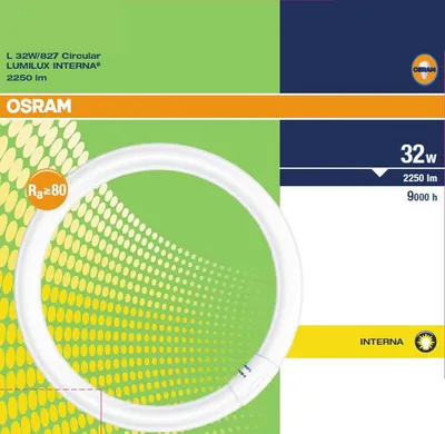 A circular fluorescent light bulb with branding and product specifications.