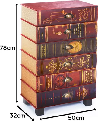 Produktbild von Kobolo Kommode Regal in Buchoptik - BOOKS - rot - 6 Fächer Schubladen - aus MDF mit bedrucktem Kunstleder - Schrank für Sideboard Aufbewahrungsschrank