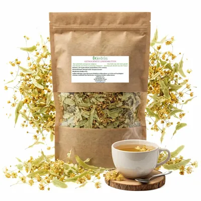 Produktbild von Lindenblüten getrocknet 100 g – ganze Blüten, ungeschwefelt – loser Lindenblütentee ohne Zusätze, Naturkräuter