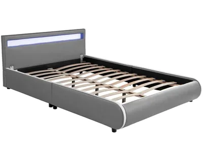 A modern gray bed frame with a built-in LED light strip at the headboard.