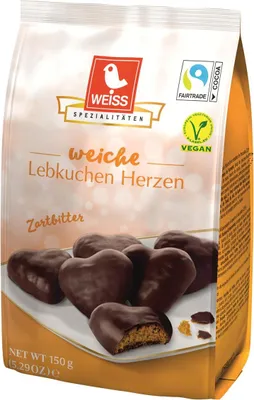 Obrázek produktu pro Bílá perníková srdce s hořkou čokoládou bez náplně 150g