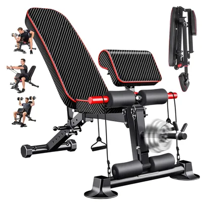 Produktbild von Hantelbank - Verstellbare Trainingsbank 350 kg - 8-fach Schräg-/Negativ-/Flachbank - Klappbar - Beincurl & Zugseile - Für Heimtraining Kraftsport - Schwarz