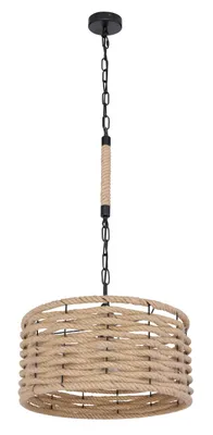Produktbild von Globo Lighting Hängeleuchte Metall schwarz matt, Hanf braun, Kabel PVC Schwarz, ø: 400mm, H: 1560mm, exkl. 1x E27 60W 230V