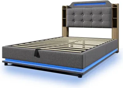 Produktbild von Polsterbett 140x200cm Leinen LED Lichtleiste Hydraulischer Stauraum Ablagefaecher USB Type-C Grau Ohne Matratze Jugendbett Gaestebett Doppelbett