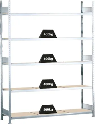 Produktbild von Schulte Weitspannregal mit Spanplatten WS 2000 | Grundregal | HxBxT 300x225x80cm | 5 Ebenen | Fachlast 400kg | Verzinkt
