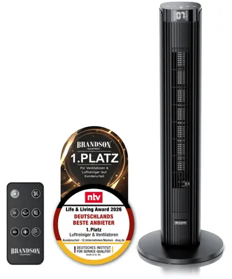 Produktbild von Brandson Turmventilator mit Fernbedienung, leise, DC-Motor, 40 W, energiesparend, Timer, Oszillation, 12 Geschwindigkeiten, Sieger Ventilatoren und Luftkühler 2026