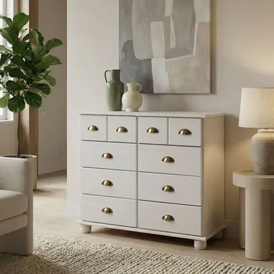 Produktbild von Schubladenschrank COLMAR, Weiß - Apothekerschrank mit 8 Schubladen, Muschelgriffe aus Metall, Kiefer Massivholz, Kommode im Landhausstil für Flur oder Schlafzimmer